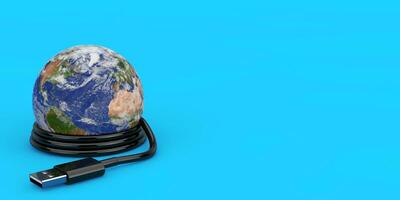 planeet aarde wereld wereldbol met USB kabel. elementen van deze beeld gemeubileerd door nasa. 3d renderen foto