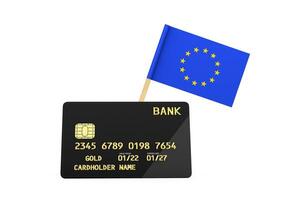 Europese unie vlag en zwart plastic gouden credit kaart met chippen. 3d renderen foto