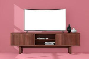 modern gebogen LED of lcd slim TV scherm mockup bovenstaand houten troosten rek. 3d renderen foto
