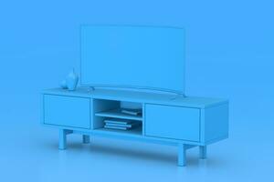 monochroom modern blauw gebogen LED of lcd slim TV scherm mockup bovenstaand blauw troosten rek. 3d renderen foto
