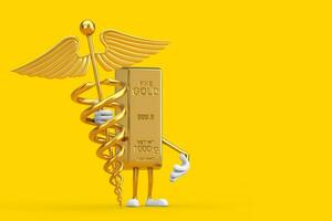 gouden bar tekenfilm persoon karakter mascotte met gouden medisch caduceus symbool. 3d renderen foto
