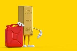 gouden bar tekenfilm persoon karakter mascotte met rood metaal Jerrican bus. 3d renderen foto