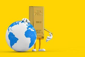 gouden bar tekenfilm persoon karakter mascotte met aarde wereldbol. 3d renderen foto