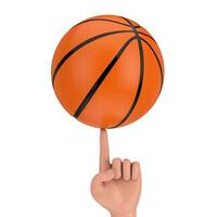 basketbal bal spinnen Aan een tekenfilm hand- vinger. 3d renderen foto