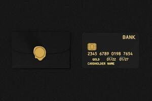 zwart plastic gouden credit kaart met spaander en credit kaart pakket envelop. 3d renderen foto