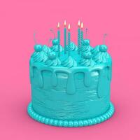 abstract blauw verjaardag tekenfilm toetje kers taart met kaarsen in duotoon stijl. 3d renderen foto