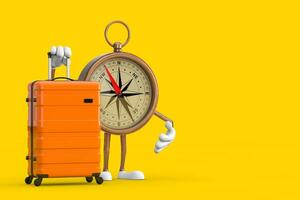 antiek wijnoogst messing kompas tekenfilm persoon karakter mascotte met oranje reizen koffer. 3d renderen foto