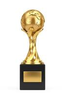 gouden prijs trofee met gouden aarde wereldbol. 3d renderen foto