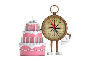 antiek wijnoogst messing kompas tekenfilm persoon karakter mascotte met verjaardag tekenfilm toetje moe taart en kaarsen. 3d renderen foto
