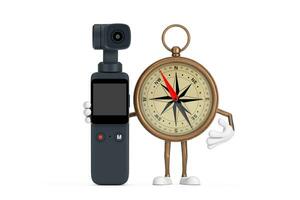 antiek wijnoogst messing kompas tekenfilm persoon karakter mascotte met zak- gimbal actie camera. 3d renderen foto