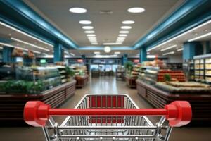 buying concept. leeg boodschappen doen kar trolley in supermarkt. 3d renderen foto