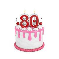 80 jaar verjaardag concept. abstract verjaardag tekenfilm toetje kers taart met tachtig jaar verjaardag kaars. 3d renderen foto
