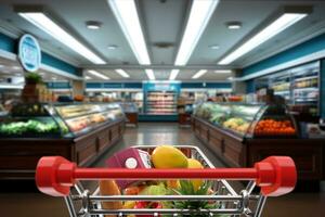 buying concept. boodschappen doen kar trolley vol van boodschappen in supermarkt. 3d renderen foto