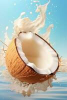 ai gegenereerd de kokosnoot heeft een vloeistof plons komt eraan uit, in de stijl van kitsch stijlvol, vrij, vangt de essence van natuur foto