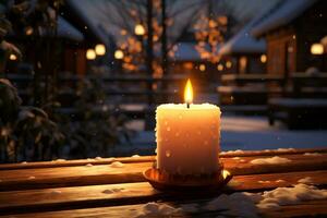 ai gegenereerd brandend kaars Aan houten tafel buitenshuis Bij nacht. winter vakantie concept foto