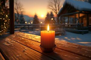 ai gegenereerd brandend kaars Aan houten tafel buitenshuis Bij nacht. winter vakantie concept foto