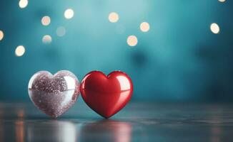 ai gegenereerd Valentijnsdag dag achtergrond met twee harten en bokeh lichten foto