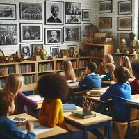 ai gegenereerd een leerzaam instelling met verschillend studenten van divers afdalingen aan het leren over zwart geschiedenis foto