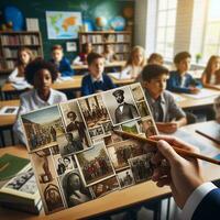 ai gegenereerd een leerzaam instelling met verschillend studenten van divers afdalingen aan het leren over zwart geschiedenis foto