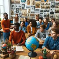 ai gegenereerd een leerzaam instelling met verschillend studenten van divers afdalingen aan het leren over zwart geschiedenis foto