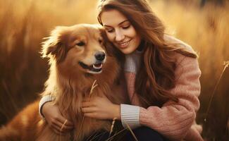 ai gegenereerd jong glimlachen vrouw knuffelen rood hond terwijl wandelen in herfst velden huisdier liefde en adoptie nationaal knuffelen dag foto