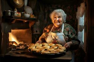 ai gegenereerd gelukkig glimlachen ouder vrouw grootmoeder in keuken met veel van gebakken taarten Aan dienblad in de buurt hout fornuis met brand huis bakken aan het eten heerlijk foto