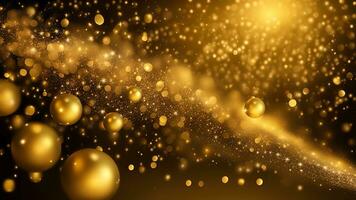 ai gegenereerd gouden deeltjes en hagelslag Aan Kerstmis of nieuw jaar viering. glimmend gouden lichten. behang achtergrond voor advertenties of cadeaus inpakken foto