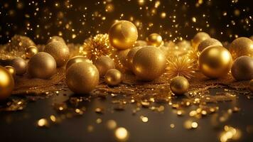 ai gegenereerd gouden deeltjes en hagelslag Aan Kerstmis of nieuw jaar viering. glimmend gouden lichten. behang achtergrond voor advertenties of cadeaus inpakken foto
