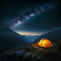 ai gegenereerd tent in de bergen gedurende een mooi nacht vol van sterren foto