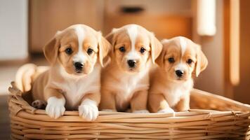 ai gegenereerd drie schattig puppy's in een mand foto