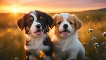 ai gegenereerd buitenshuis portret van twee schattig puppy's. foto