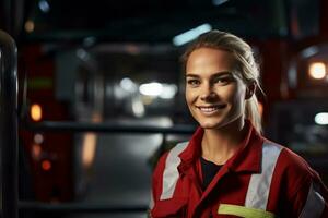 ai gegenereerd portret van vrouw brandweerman glimlachen in voorkant van brand vrachtauto bokeh stijl achtergrond foto