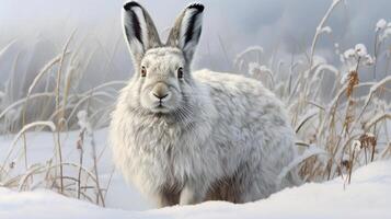 ai gegenereerd sneeuwschoen haas natura dier behang achtergrond foto