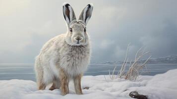 ai gegenereerd sneeuwschoen haas natura dier behang achtergrond foto