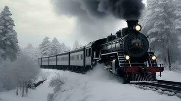 ai gegenereerd stoom- locomotief trein in een besneeuwd landschap foto