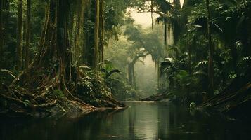 ai gegenereerd generatief ai, amazone oerwoud mistig landschap, tropisch regenwoud met palm bomen foto