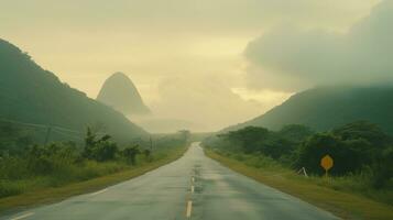 ai gegenereerd generatief ai, braziliaans mooi esthetisch landschap met bergen, gedempt kleuren, amazone natuur foto