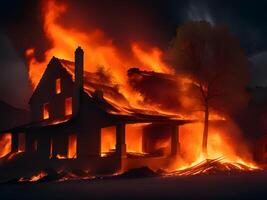 ai gegenereerd brandend huis Aan een brand achtergrond foto
