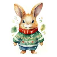 ai gegenereerd generatief ai, schattig konijn dier, huisdier in Kerstmis hoed en lelijk truien, waterverf stijl. foto