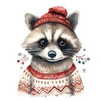 ai gegenereerd generatief ai, schattig wasbeer dier, huisdier in Kerstmis hoed en lelijk truien, waterverf stijl. foto