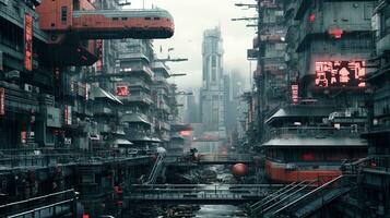 ai gegenereerd generatief ai, futuristische Japans stad in cyberpunk stijl, metaverse Aziatisch dorp, retro futurisme foto