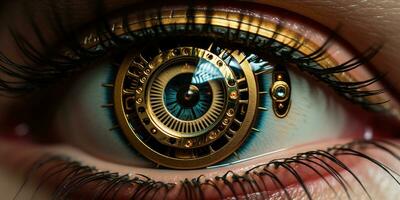 ai gegenereerd generatief ai, bionisch steampunk oog detailopname, fictief oculair implantaat foto