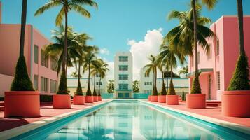 ai gegenereerd generatief ai, surrealistische Miami stad met deco retro gebouwen, roze en blauw kleuren, zomer gevoel foto