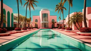 ai gegenereerd generatief ai, surrealistische Miami stad met deco retro gebouwen, roze en blauw kleuren, zomer gevoel foto
