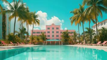 ai gegenereerd generatief ai, surrealistische Miami stad met deco retro gebouwen, roze en blauw kleuren, zomer gevoel foto