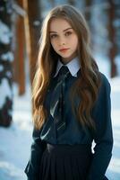 ai gegenereerd een mooi Russisch hoog school- leerling meisje in school- uniform buitenshuis in winter foto