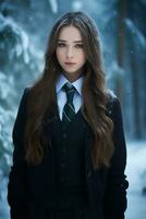 ai gegenereerd een mooi Russisch hoog school- leerling meisje in school- uniform buitenshuis in winter foto