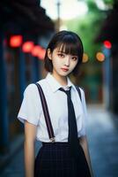 ai gegenereerd een jong Chinese hoog school- leerling meisje met kort haar- in een school- uniform foto