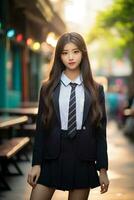 ai gegenereerd een jong Chinese hoog school- leerling meisje in een school- uniform poseren voor een foto