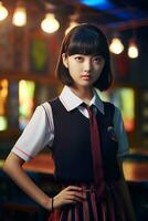 ai gegenereerd een jong Chinese hoog school- leerling meisje met kort haar- in een school- uniform foto
